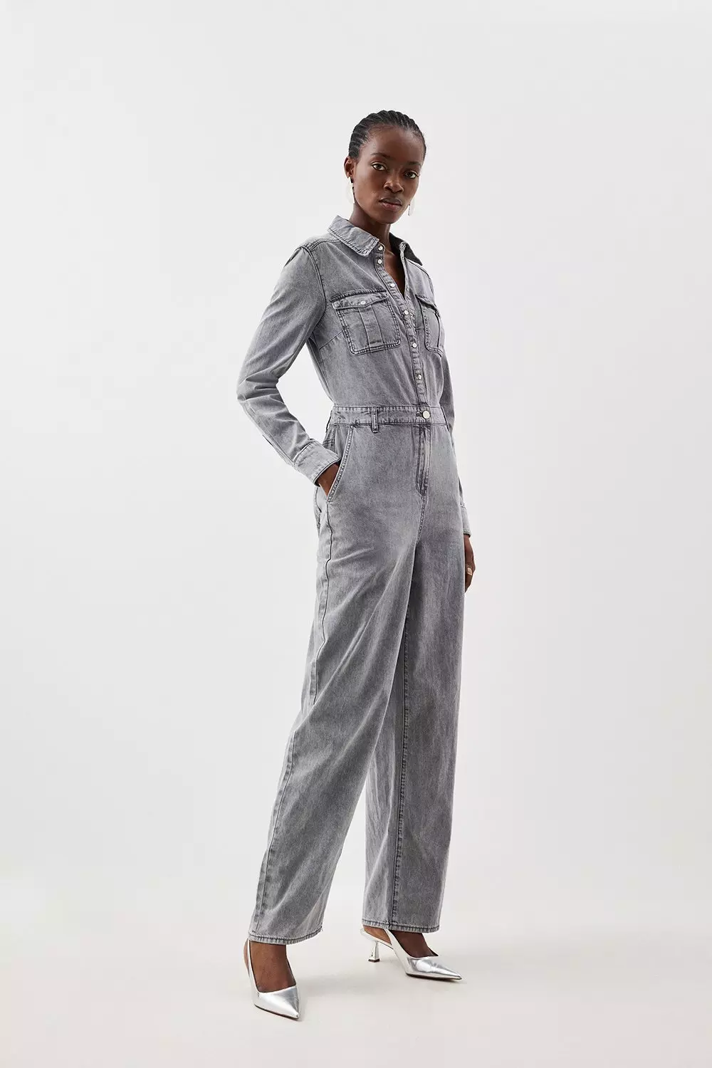 Denim Long Sleeve Jumpsuit | Karen Millen